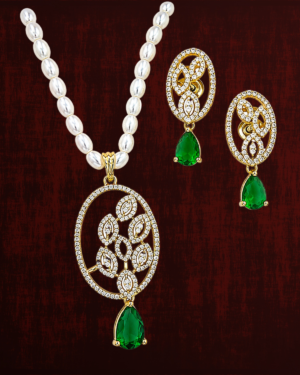 Rageshvari Fashion Gold-Plated Pearl Necklace Set with Emerald Green Teardrop Pendant & Matching Earrings for Women