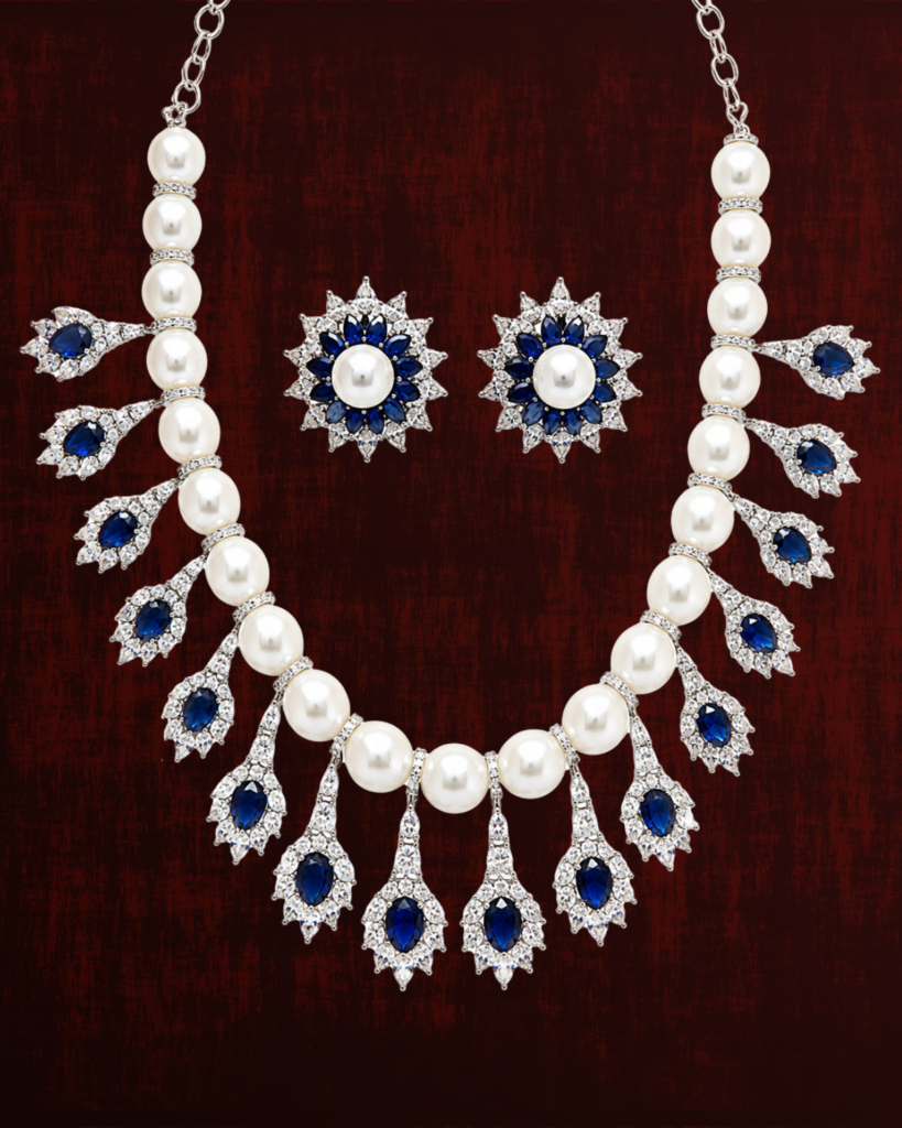 Rageshvari Fashion Royal Blue Pearl Statement Necklace Set with Floral Stud Earrings | Silver-Plated CZ Bridal & Party Wear Jewellery