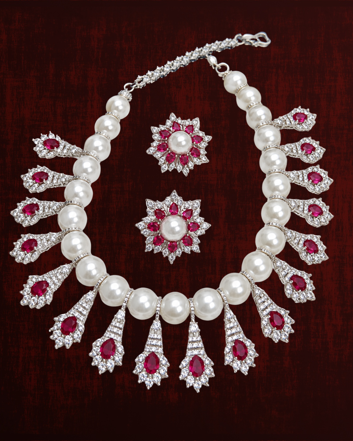 Rageshvari Fashion Royal Blue Pearl Statement Necklace Set with Floral Stud Earrings | Silver-Plated CZ Bridal & Party Wear Jewellery - Image 2