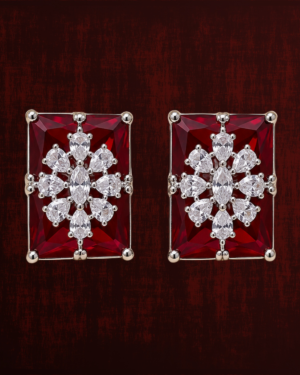 Rageshvari Fashion Ruby Red Princess Cut Crystal Floral Stud Earrings for Women | Elegant Silver-Tone Designer Earrings