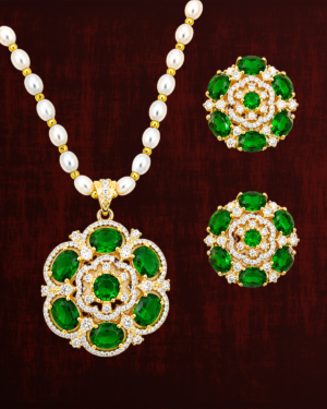 Rageshvari Fashion Emerald Green Floral Pearl Necklace Set with American Diamond Stud Earrings for Women