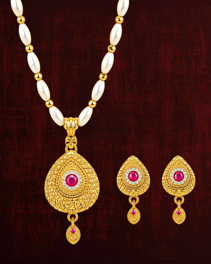 Rageshvari Fashion Gold-Plated Pearl Beaded Teardrop Pendant Necklace Set with Ruby Red Stone & Matching Earrings for Women