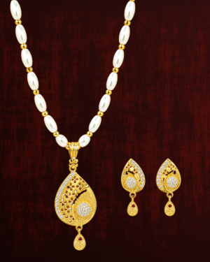 Rageshvari Fashion Gold-Plated Pearl Beaded Leaf Design Pendant Necklace Set with American Diamonds & Matching Earrings for Women