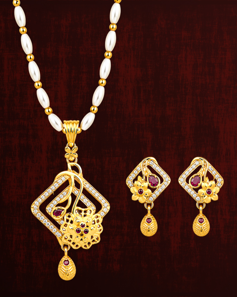 Rageshvari Fashion Gold-Plated Pearl Beaded Floral Geometric Pendant Necklace Set with American Diamonds & Ruby Stones for Women