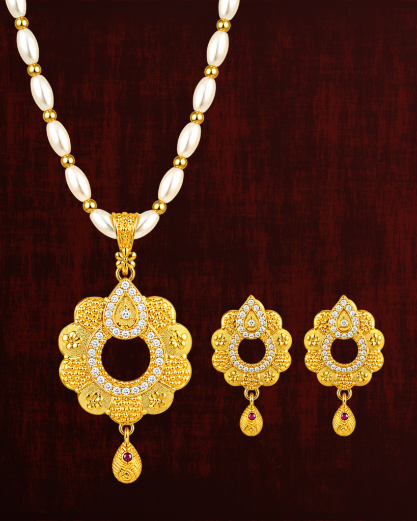 Rageshvari Fashion Gold-Plated Pearl Beaded Floral Circle Pendant Necklace Set with American Diamonds & Ruby Stone Accents for Women