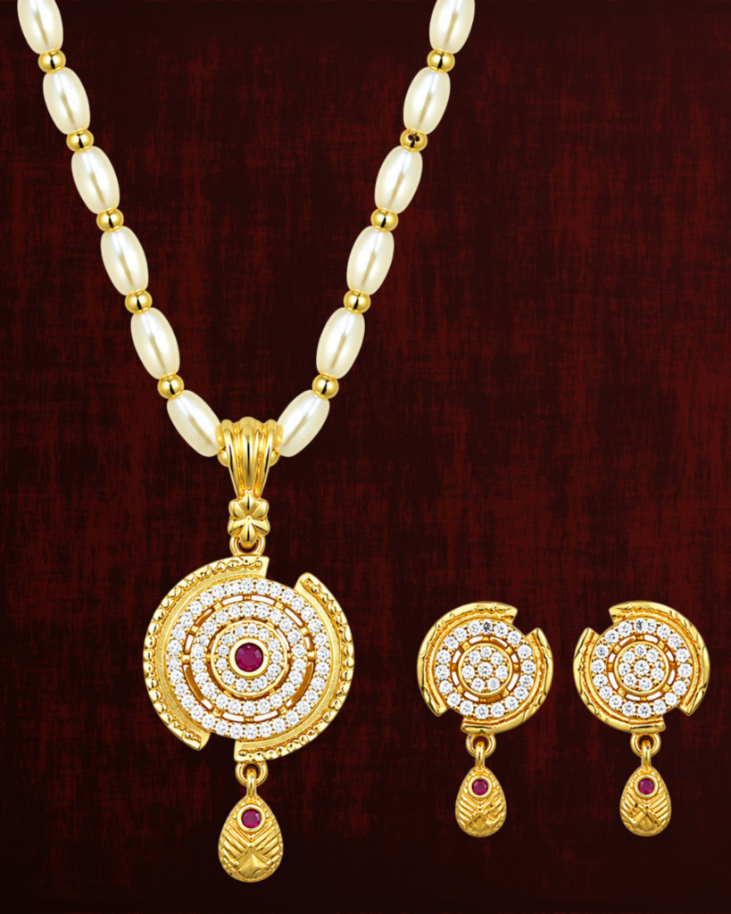 Rageshvari Fashion Gold-Plated Pearl Beaded Circular Pendant Necklace Set with American Diamonds & Ruby Stone for Women