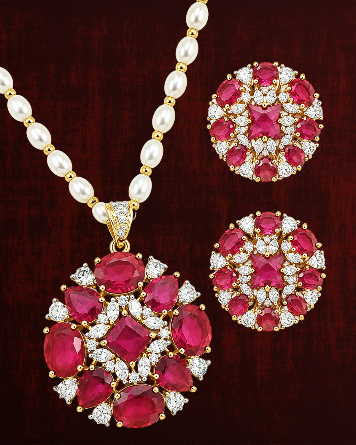 Rageshvari Fashion Ruby Red Floral Pearl Pendant Necklace Set with American Diamond Stud Earrings