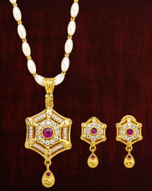 Rageshvari Fashion Gold-Plated Pearl Beaded Hexagon Pendant Necklace Set with American Diamonds & Ruby Stone for Women