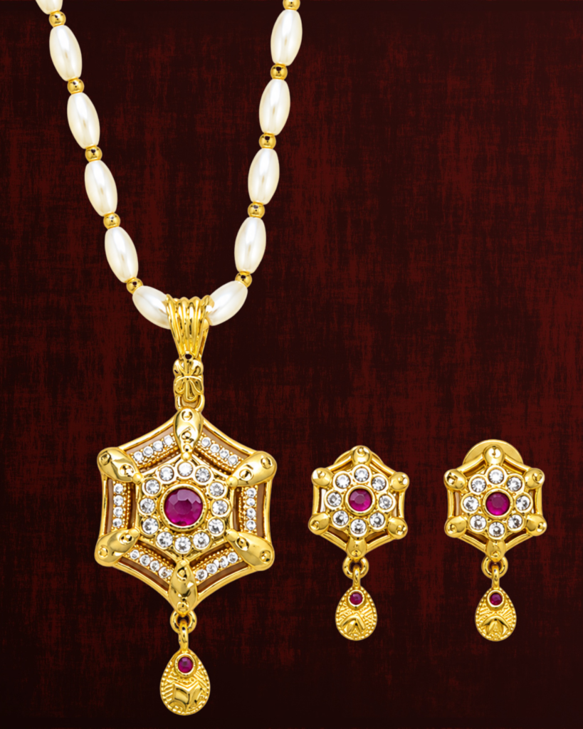 Rageshvari Fashion Gold-Plated Pearl Beaded Hexagon Pendant Necklace Set with American Diamonds & Ruby Stone for Women
