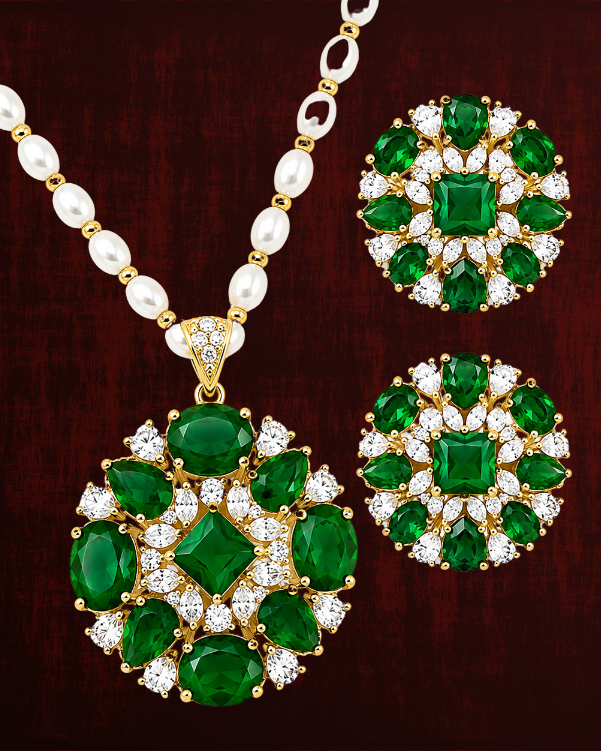 Rageshvari Fashion Ruby Red Floral Pearl Pendant Necklace Set with American Diamond Stud Earrings - Image 7