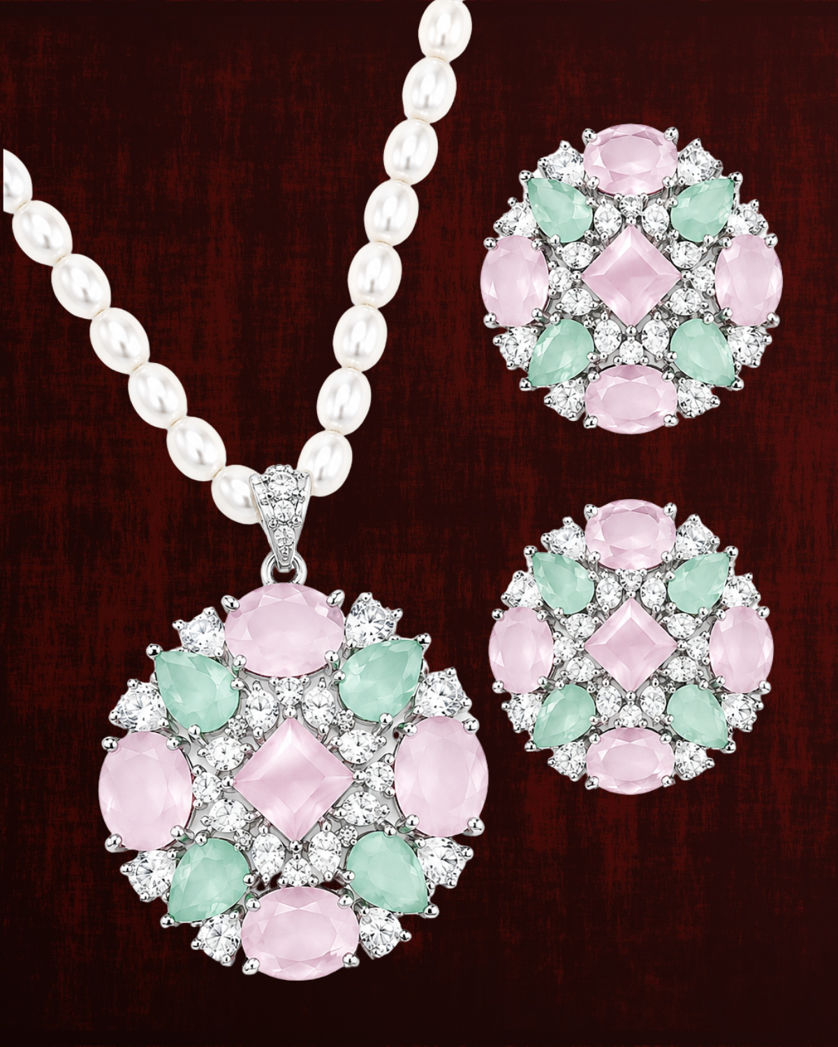 Rageshvari Fashion Ruby Red Floral Pearl Pendant Necklace Set with American Diamond Stud Earrings - Image 5