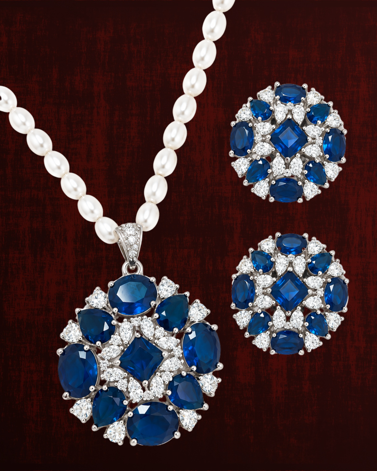 Rageshvari Fashion Ruby Red Floral Pearl Pendant Necklace Set with American Diamond Stud Earrings - Image 4