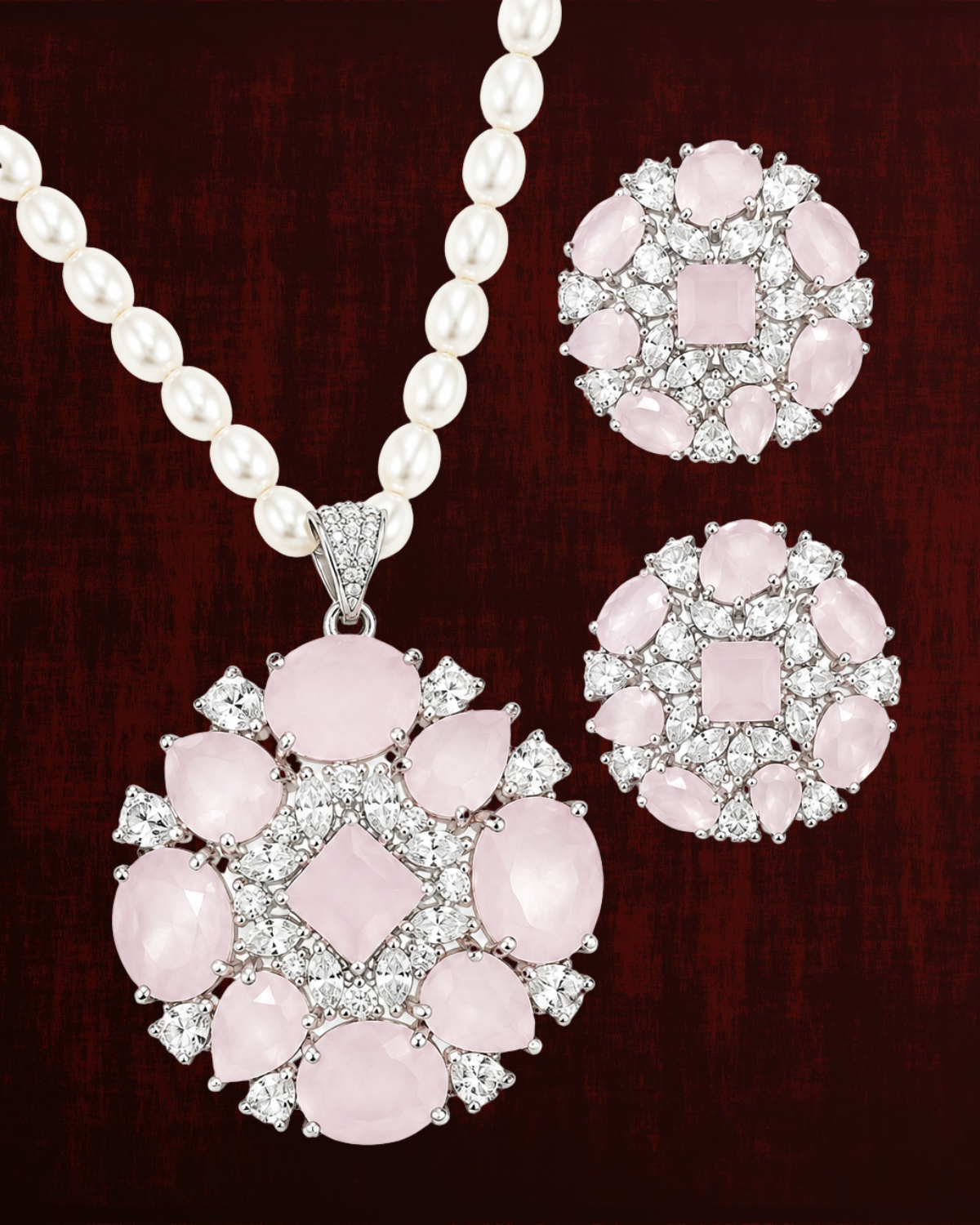 Rageshvari Fashion Ruby Red Floral Pearl Pendant Necklace Set with American Diamond Stud Earrings - Image 3