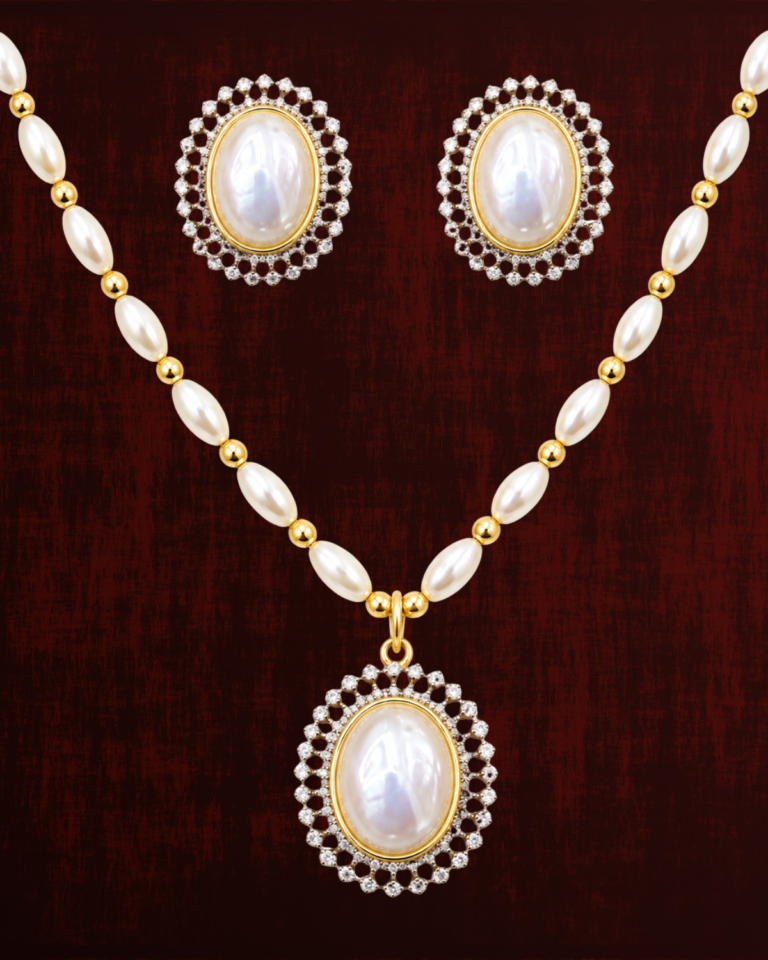 Rageshvari Fashion Gold-Plated Oval Pearl Pendant Necklace Set with Matching Stud Earrings for Women