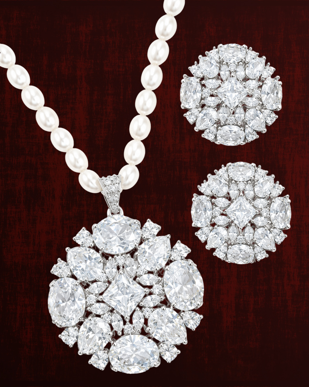 Rageshvari Fashion Ruby Red Floral Pearl Pendant Necklace Set with American Diamond Stud Earrings - Image 2