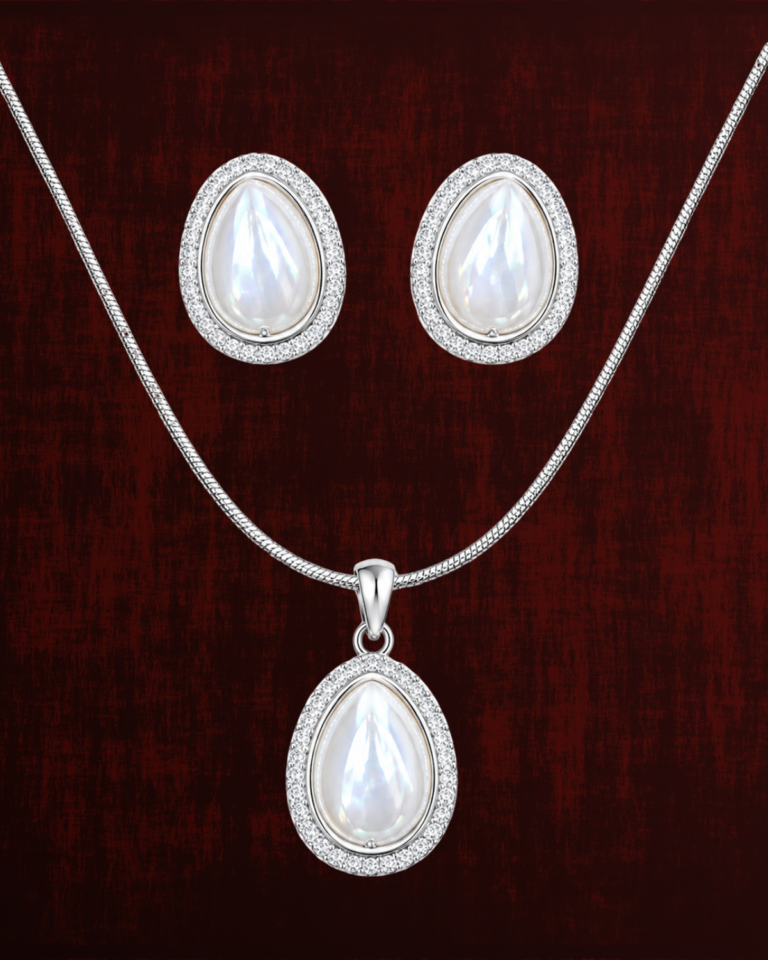 Rageshvari Fashion Silver-Plated Teardrop Pearl Pendant Necklace Set with Matching Stud Earrings for Women