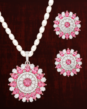 Rageshvari Fashion Pink American Diamond Floral Pearl Necklace Set with Stud Earrings for Women