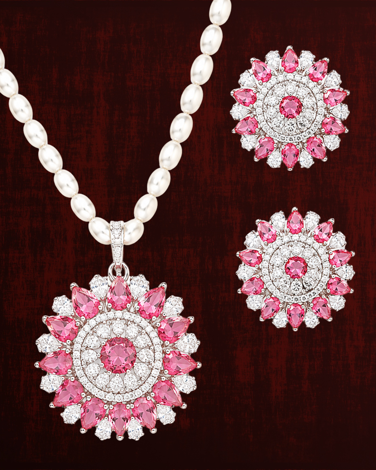 Rageshvari Fashion Pink American Diamond Floral Pearl Necklace Set with Stud Earrings for Women