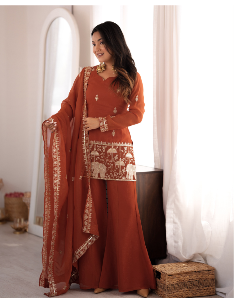 Rageshvari Fashion Embroidered Crunchy Silk Kurta Set with Bell Bottom Pants