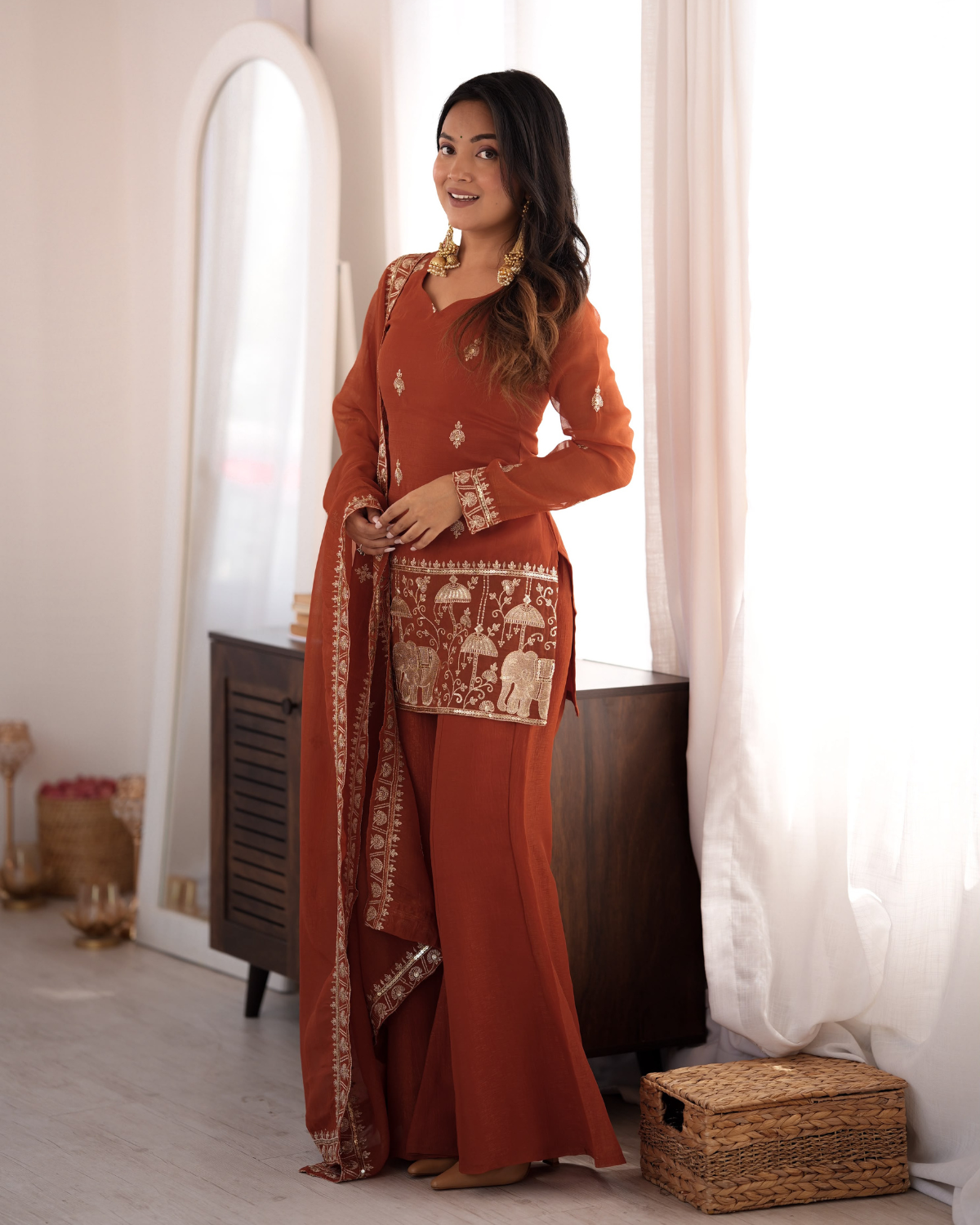 Rageshvari Fashion Embroidered Crunchy Silk Kurta Set with Bell Bottom Pants - Image 2