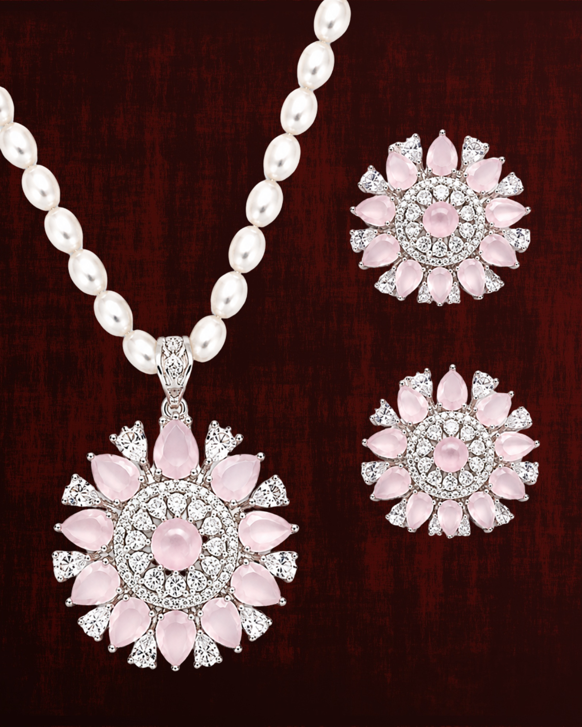 Rageshvari Fashion Pink American Diamond Floral Pearl Necklace Set with Stud Earrings for Women - Image 4
