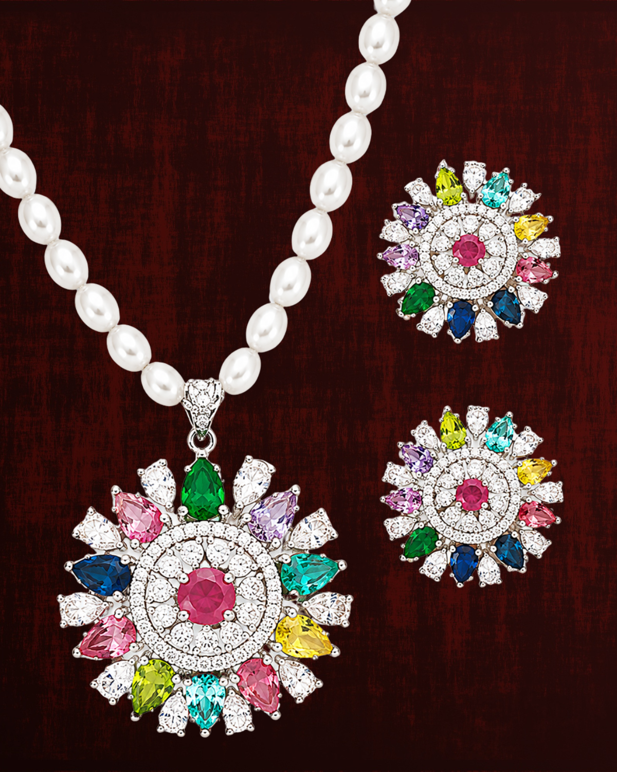 Rageshvari Fashion Pink American Diamond Floral Pearl Necklace Set with Stud Earrings for Women - Image 6