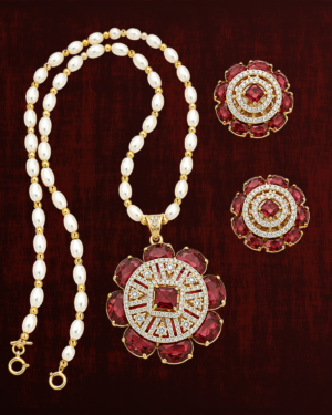 Rageshvari Fashion Ruby Red American Diamond Floral Pearl Necklace Set with Stud Earrings for Women