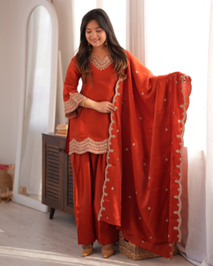 Rageshvari Fashion Embroidered Glass Roman Silk Kurta Set with Farshi Shalwar & Shawl Dupatta