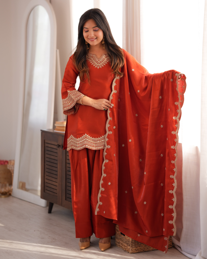 Rageshvari Fashion Embroidered Glass Roman Silk Kurta Set with Farshi Shalwar & Shawl Dupatta