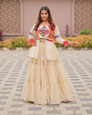 Rageshvari Fashion Navratri Special 9-Meter Flair Pure Cotton Gamthi Work Lehenga Choli with Koti