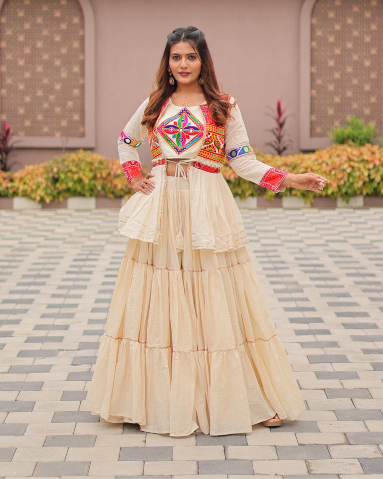 Rageshvari Fashion Navratri Special 9-Meter Flair Pure Cotton Gamthi Work Lehenga Choli with Koti