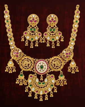 Rageshvari Fashion Traditional Temple Design Antique Gold Plated Necklace Set with Earrings for Women