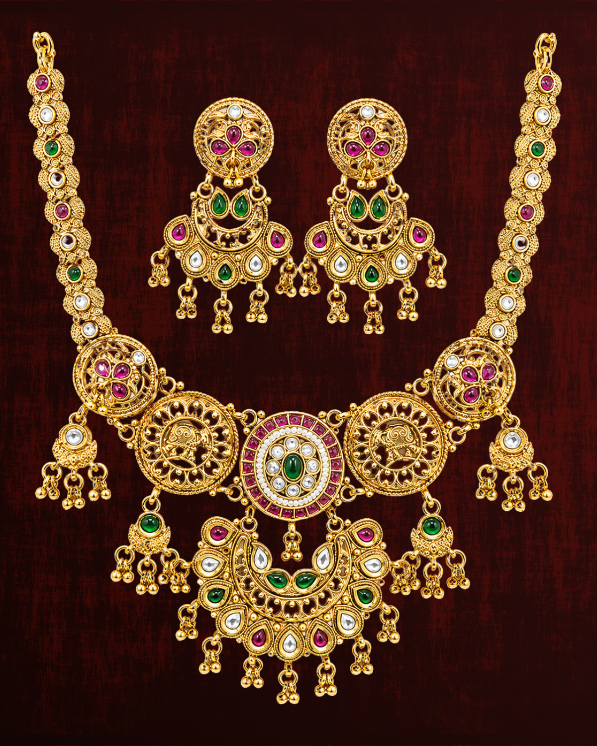 Rageshvari Fashion Traditional Temple Design Antique Gold Plated Necklace Set with Earrings for Women