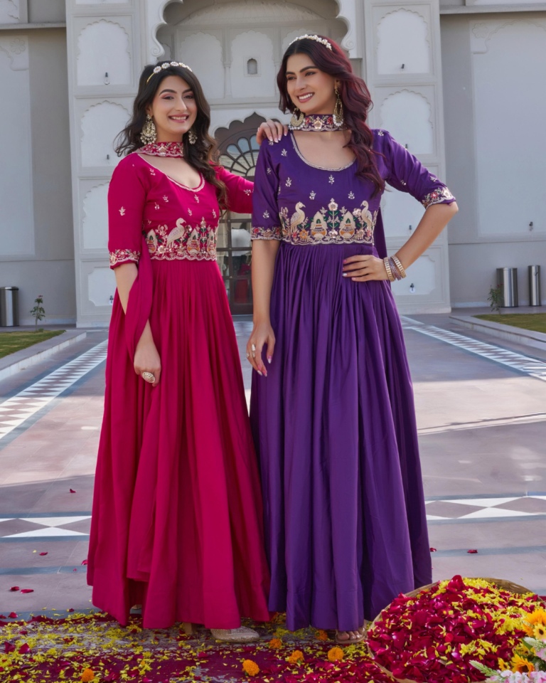 Rageshvari Fashion Crepe Silk Heavy Cording & Beads Embroidered Festive Gown Set