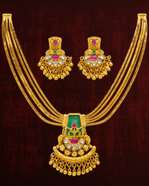 Rageshvari Fashion Traditional Multi-Layer Antique Gold Kundan Necklace Set with Green Pendant & Earrings