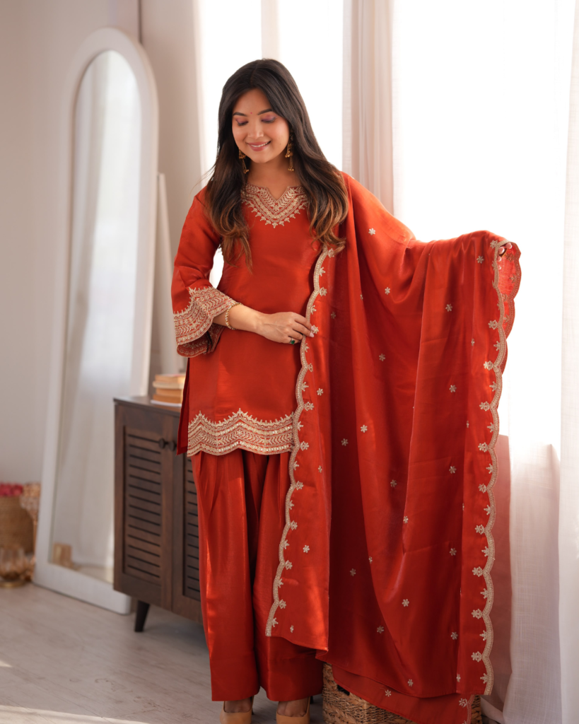 Rageshvari Fashion Embroidered Glass Roman Silk Kurta Set with Farshi Shalwar & Shawl Dupatta