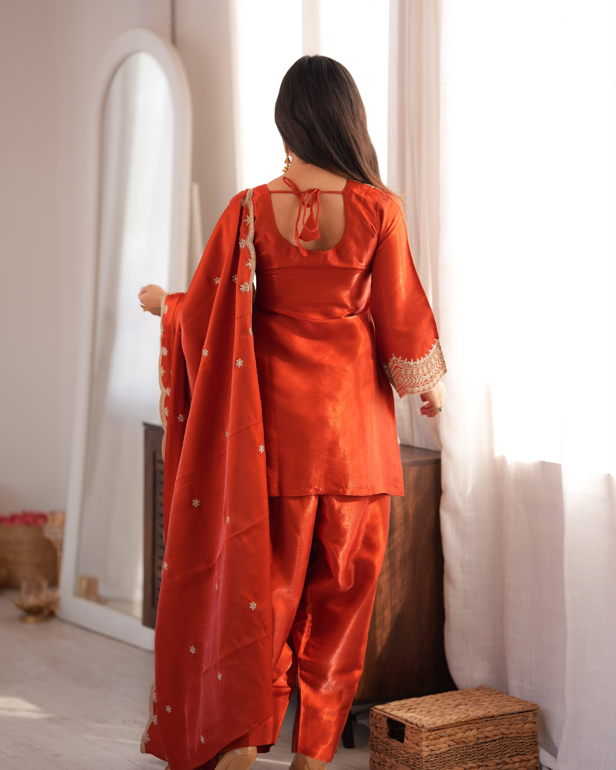 Rageshvari Fashion Embroidered Glass Roman Silk Kurta Set with Farshi Shalwar & Shawl Dupatta - Image 3