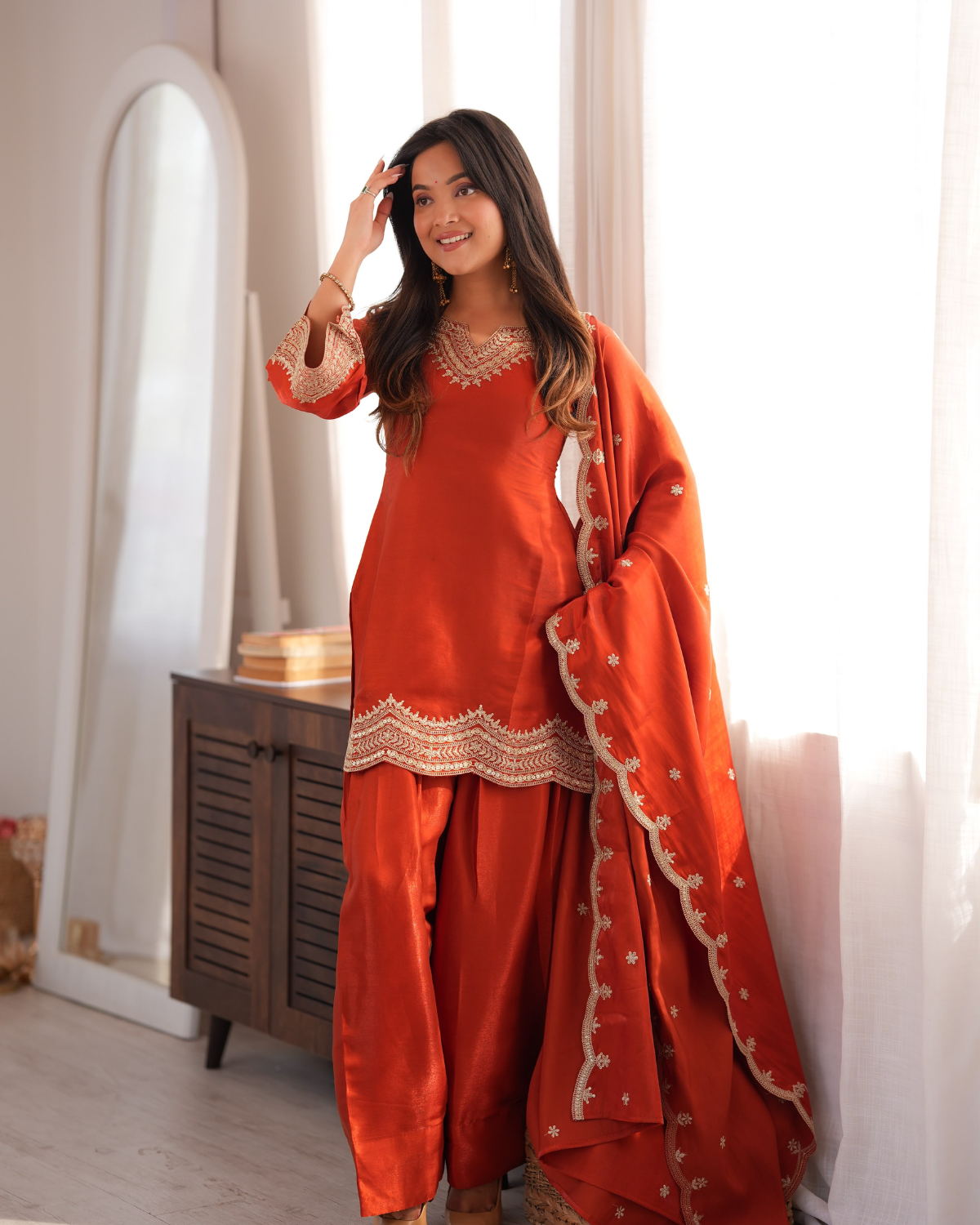 Rageshvari Fashion Embroidered Glass Roman Silk Kurta Set with Farshi Shalwar & Shawl Dupatta - Image 2