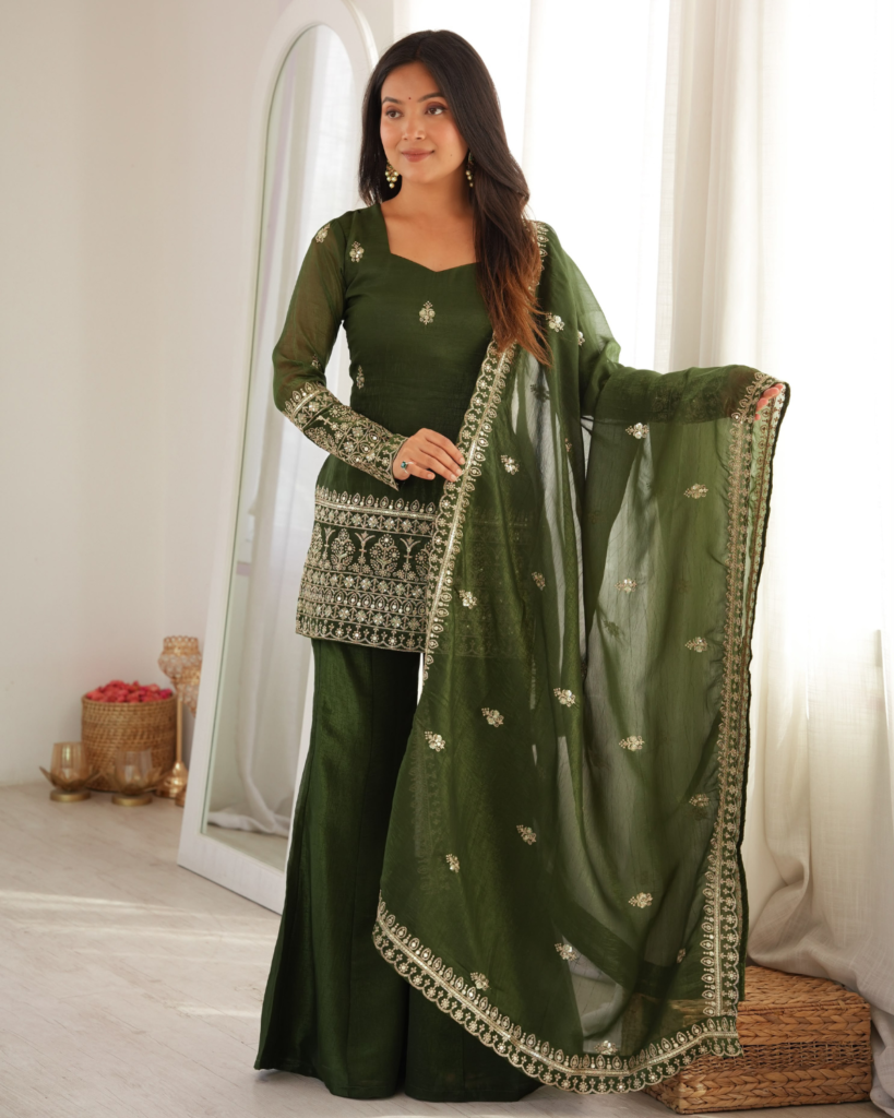 Rageshvari Fashion Embroidered Crunchy Silk Kurta Set with Bell Bottom Pants
