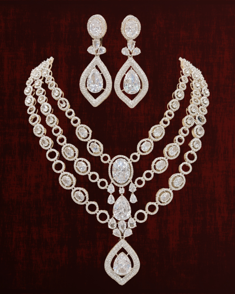Rageshvari Fashion Silver-Plated American Diamond Bridal Necklace Set with Matching Drop Earrings for Women