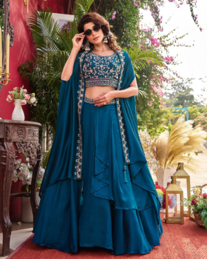 Rageshvari Creation Pure Vichitra Silk Moti Beads & Sequins Lehenga Choli with Shrug Style Dupatta
