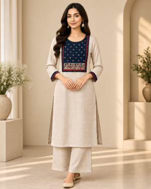 Beige and Navy-Blue Printed Yoke Kurti with Parallel Pant Set