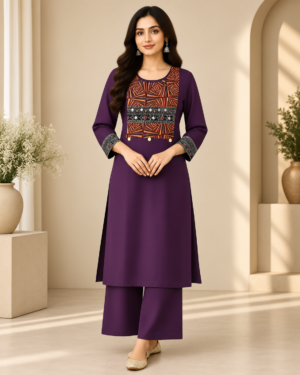 Deep Purple Geometric Printed Yoke Kurti with Parallel Pant Set