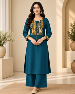 Teal Blue Geometric Printed Yoke Kurti with Parallel Pant Set