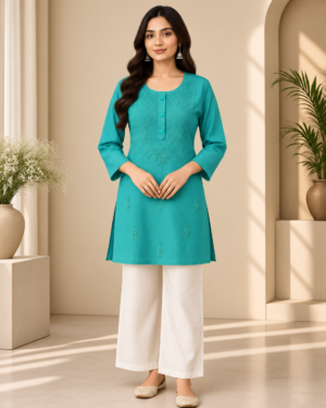 Teal Green Lucknowi Chikankari Cotton Short Kurti