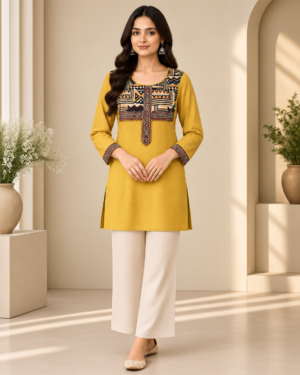 Bright Yellow Geometric Tribal Printed Yoke Cotton Short Kurti