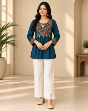 Peacock Blue Paisley Printed Yoke Cotton Short Kurti
