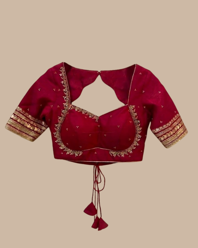 Rageshvari Fashion Maroon Silk Zardozi Hand Embroidered Bridal Saree Blouse with Cutout Back