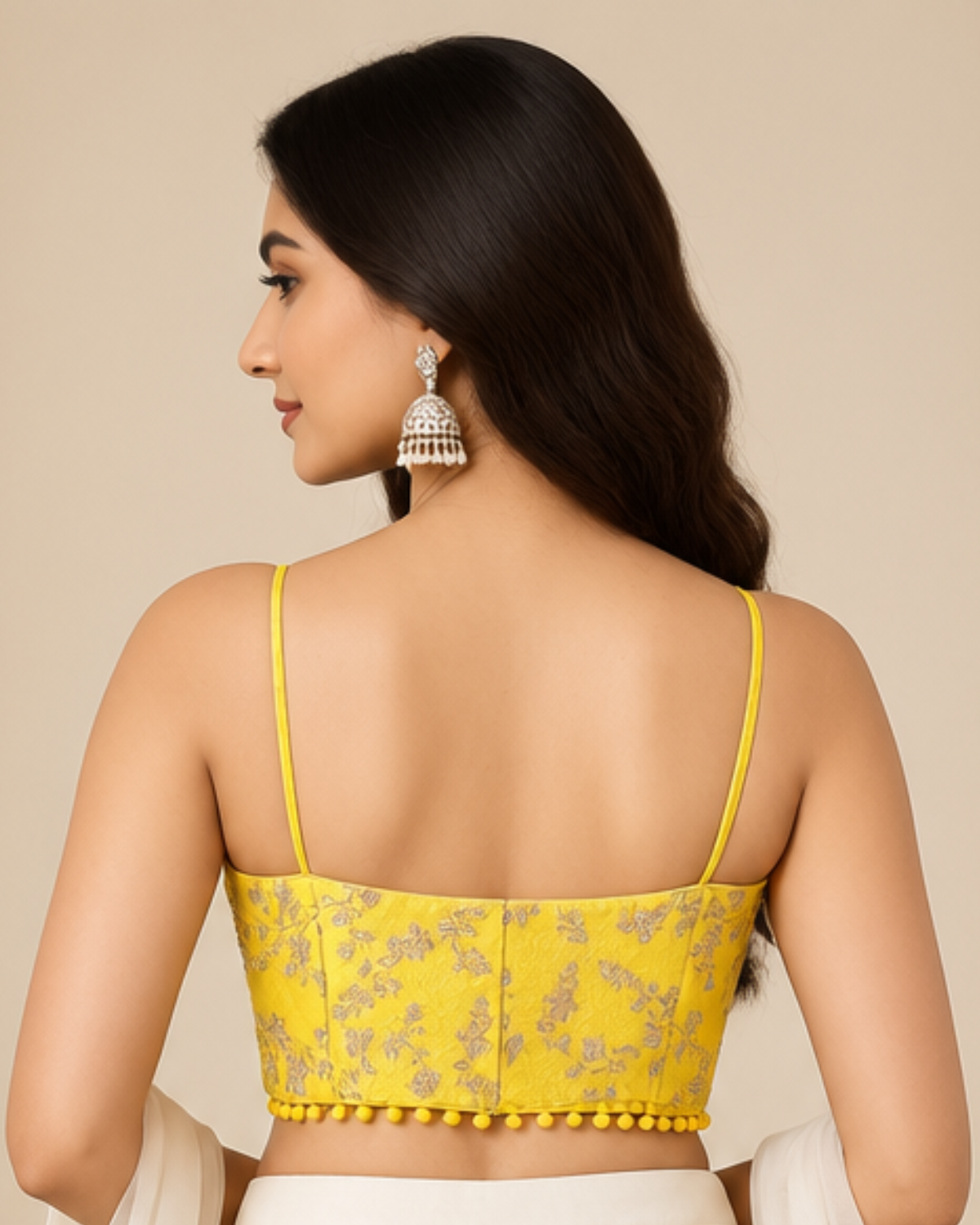 Yellow Designer Blouse Stitching with Sequin Embroidery & Spaghetti Straps - Image 2