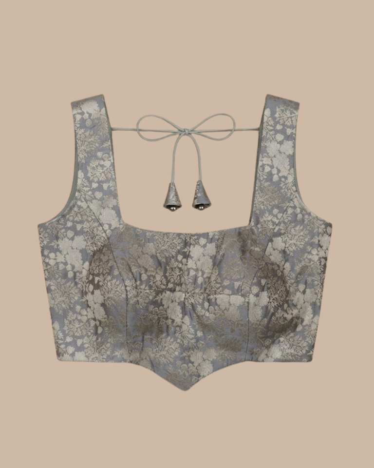 Rageshvari Fashion Elegant Grey & Silver Brocade Silk Sleeveless Readymade Blouse with Dori Details
